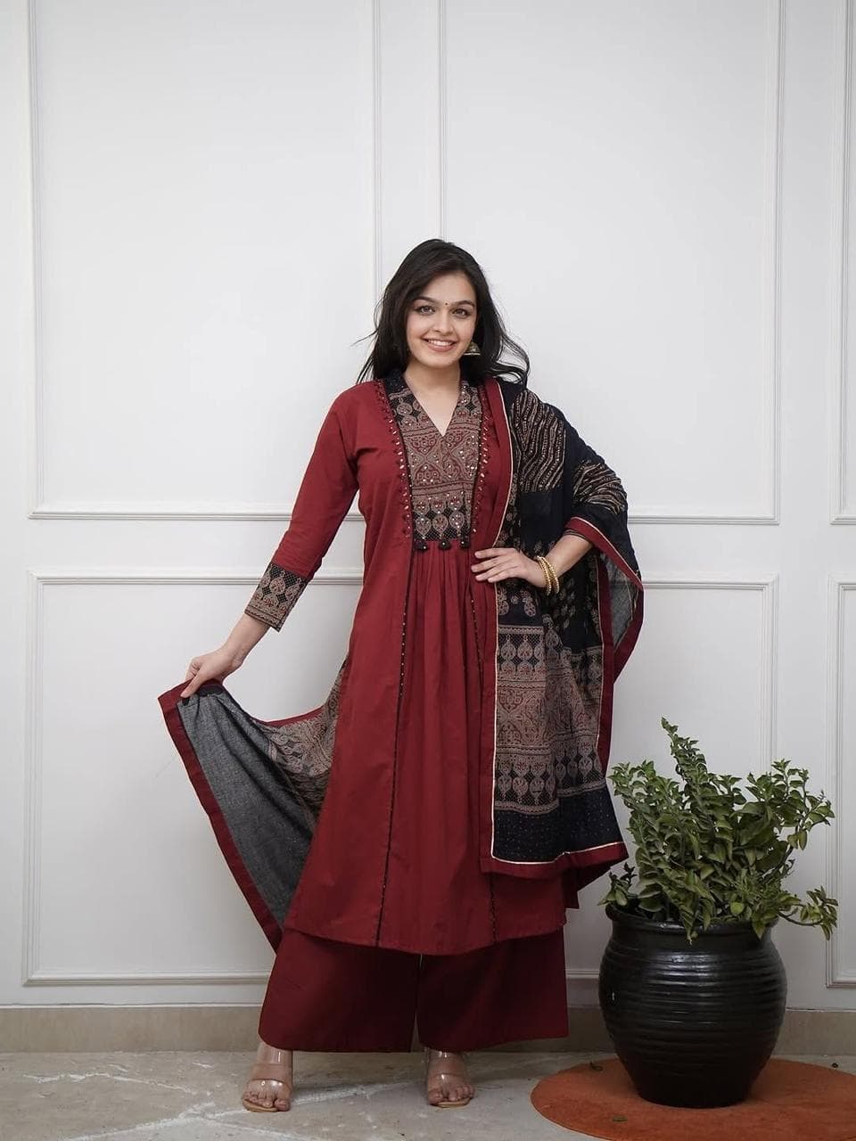 Premium Festive Collection: 3-Piece Ajrakh-Print Anarkali